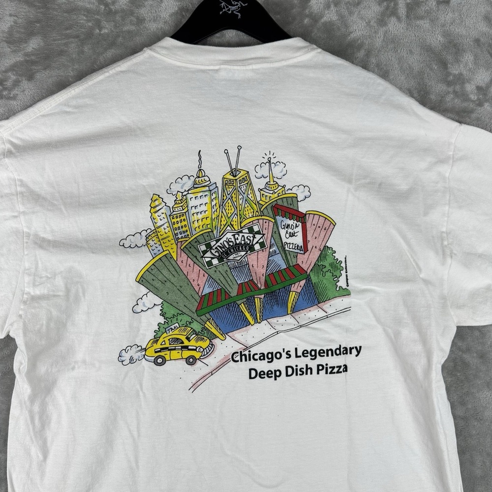 Vintage Chicago Deep Dish Pizza Skyline Double Sided Graphic T-Shirt Mens XL Y2K